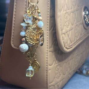 Artisan Hand Crafted Allah Glass, Stone & Mother of Pearl Bag Purse Charm Cream